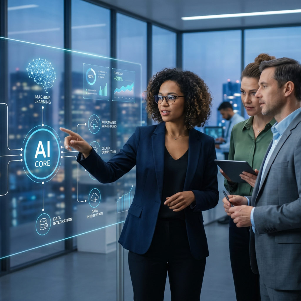 Diverse business professionals interacting with a futuristic holographic AI dashboard showing data analytics, representing the future of artificial intelligence in the workplace.