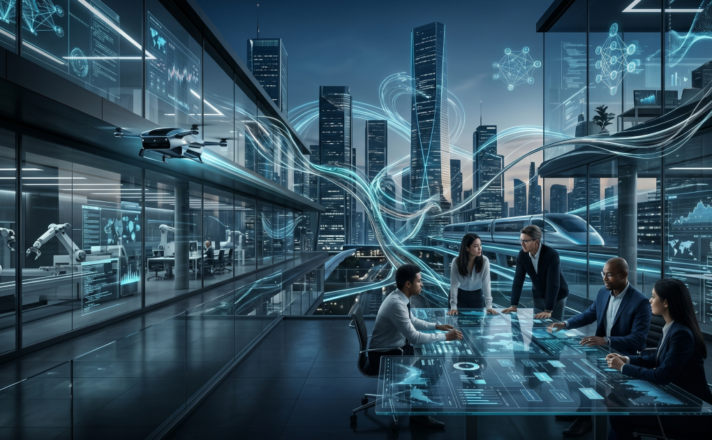 Futuristic corporate office interior showing diverse business professionals analyzing a glowing digital interface table, surrounded by floating AI data streams, automated robotic arms, and a smart city skyline connected by luminous digital networks.