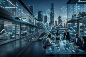 Futuristic corporate office interior showing diverse business professionals analyzing a glowing digital interface table, surrounded by floating AI data streams, automated robotic arms, and a smart city skyline connected by luminous digital networks.
