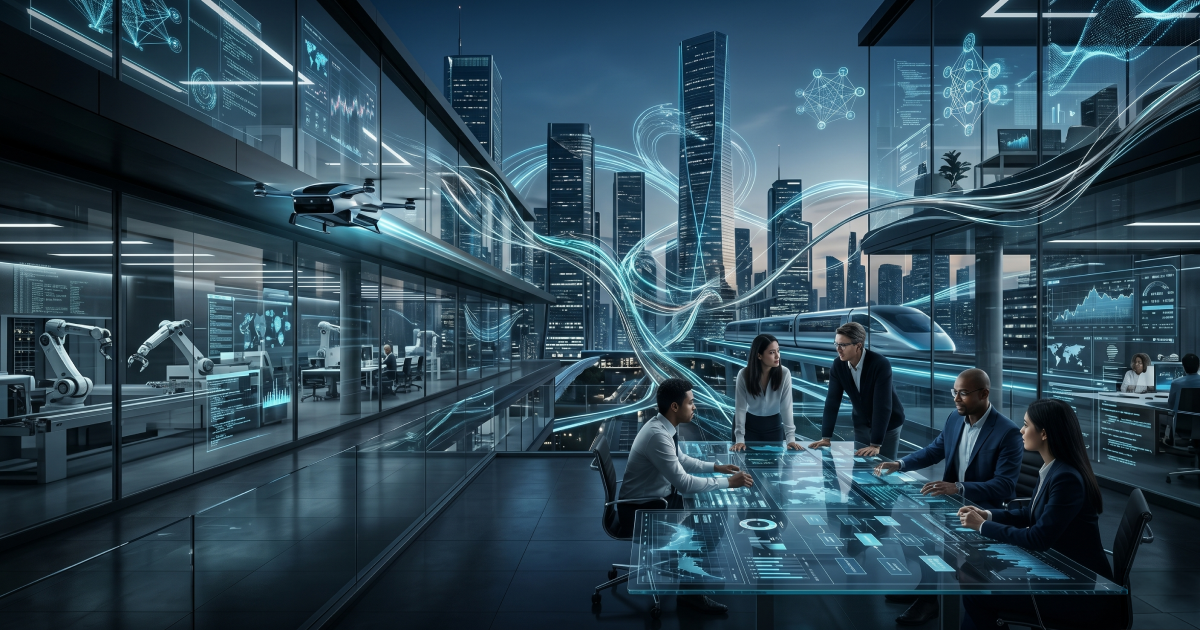 Futuristic corporate office interior showing diverse business professionals analyzing a glowing digital interface table, surrounded by floating AI data streams, automated robotic arms, and a smart city skyline connected by luminous digital networks.